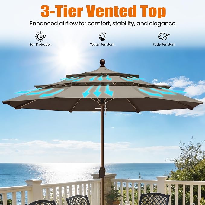EliteShade USA 10-Year-Non-Fading 10ft 3-Tier Market Patio Umbrella, Commercial Grade Outdoor Table Umbrella with Crank Open, Windproof & UPF 50+ UV Protection, Heavy Duty Ventilation for Garden, Deck, Pool, Backyard, Beach & Bistro, No Tilt, Taupe