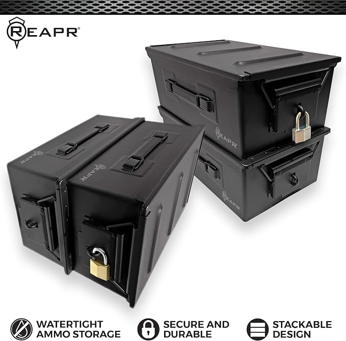Reapr Steel Ammo Can, Heavy Duty Locking Metal Ammo Storage Box, Airtight and Watertight 30 Cal or 50 Cal Case for Rifle, Shotgun, Pistol, Military Footlocker Style Tool and Gear Organizer