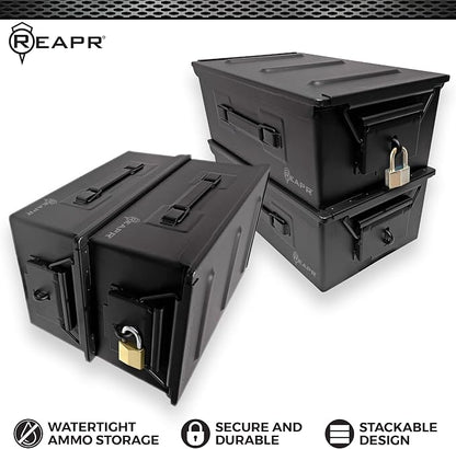Reapr Steel Ammo Can, Heavy Duty Locking Metal Ammo Storage Box, Airtight and Watertight 30 Cal or 50 Cal Case for Rifle, Shotgun, Pistol, Military Footlocker Style Tool and Gear Organizer