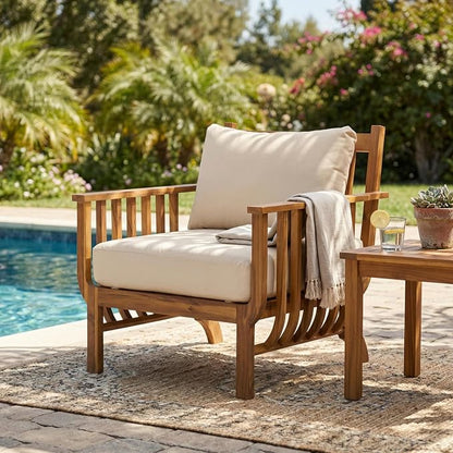 Christopher Knight Home Acacia Wood Outdoor Patio Club Chair, Mid Century Modern Lounge Chair with Armrests, Cushions & Back Pillow, Deep Seating Accent Chairs for Porch Balcony Garden, Natural+Beige