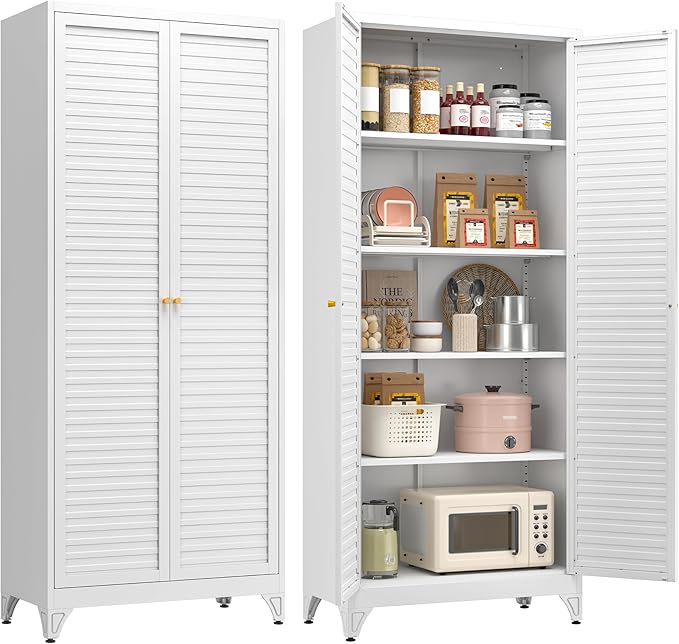Polup 75" Kitchen Pantry Cabinet, White Metal Storage Cabinet with Doors and 4 Adjustable Shelves, Tall Metal Pantry Cabinets, Large Cupboard for Kitchen, Dining Living Room, Bathroom, Office