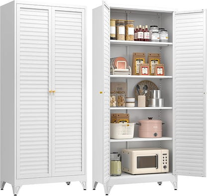 Polup 75" Kitchen Pantry Cabinet, White Metal Storage Cabinet with Doors and 4 Adjustable Shelves, Tall Metal Pantry Cabinets, Large Cupboard for Kitchen, Dining Living Room, Bathroom, Office