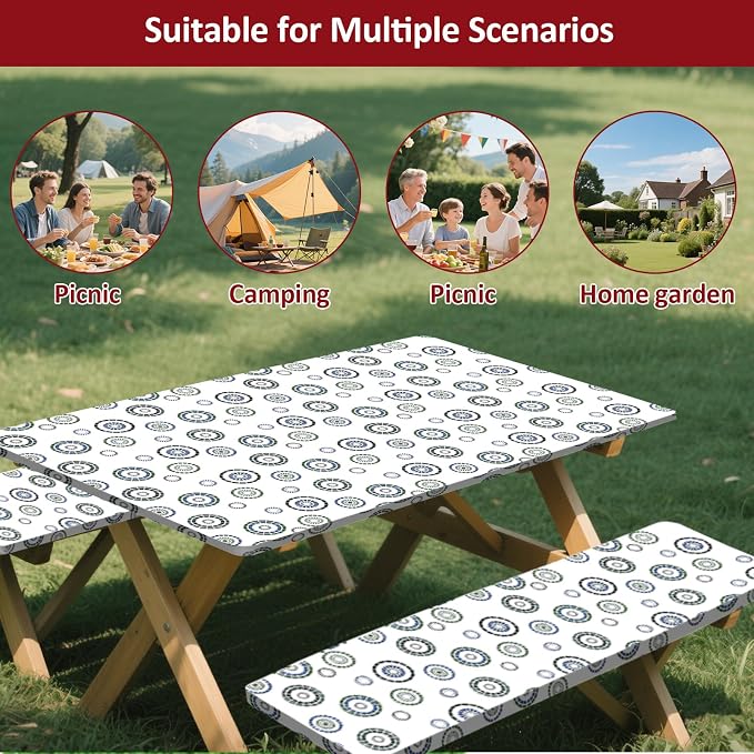 6ft 72in Picnic Table and Bench Cover, 3 Pack, Blue Flywheel | Drawstring Bag, Waterproof Windproof, Elastic Fitted Edges Tablecloth, for Rectangle Table & Seat, Camping Essentials RV Gear