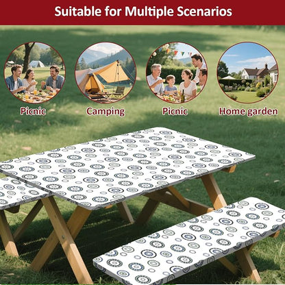 6ft 72in Picnic Table and Bench Cover, 3 Pack, Blue Flywheel | Drawstring Bag, Waterproof Windproof, Elastic Fitted Edges Tablecloth, for Rectangle Table & Seat, Camping Essentials RV Gear