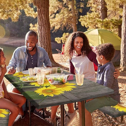 Sunflowers Picnic Bench Fitted Table Cover, Brown Yellow Helianthus Against Weathered Aged Fence Table Cloth, 28x72 Inch, 3 Piece Set, for Picnics Indoor and Outdoor Dining Decor