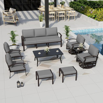 ALAULM Aluminum Patio Furniture Set with Coffee Table Rectangular, 9-seat Outdoor Sectional Furniture w/Swivel Chairs and 2 Ottomans, Patio Conversation Set for Porch, Backyard, Poolside-Grey
