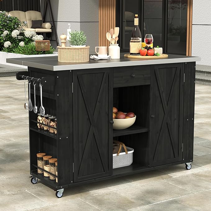 52.25" W x 28.75" D x 36.25" H Outdoor Kitchen Island Fir Wood Stainless Steel Black