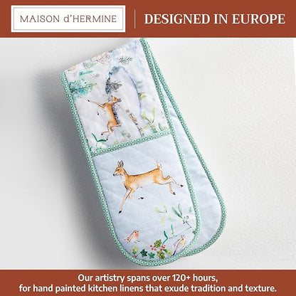 Maison d' Hermine Double Oven Mitt (7" x 35") 100% Cotton Heat Resistant BBQ Cooking Gloves with Loop for Thanksgiving Christmas Decorations Baking Cooking Barbeque Handling Hot Pan (Snowy World)