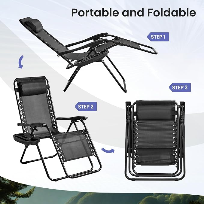 2-Pack Zero Gravity Lounge Chair Recliners - Adjustable Steel Frame with Removable Headrests & Cup/Phone/Tablet Trays - 330LBS Capacity - Light Black
