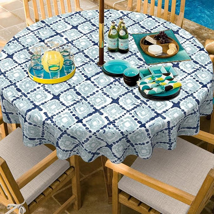 Outdoor/Indoor Round Tablecloth with Umbrella Hole Zipper, Decorative Circular Table Cover for Home Garden, 60 Inch, Boho Geometry Blue