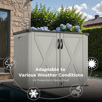 Greesum Outdoor Storage Cabinet, 25 CUFT Deck Box Without Shelves, Waterproof Plastic Storage Shed for Patio Cushions, Gardening Tools, Lockable and Sidehandles, UV Resistant, Beige
