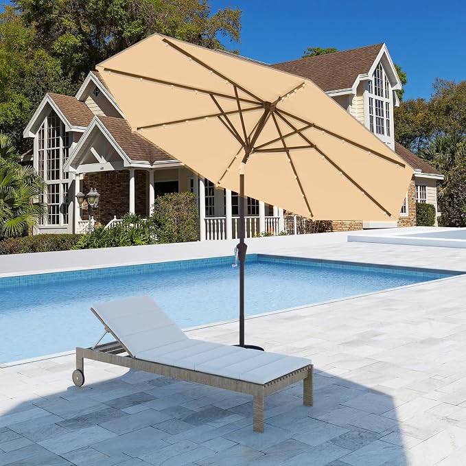 9FT Patio Umbrella with Solar Lights,Outdoor Market Umbrella with Tilt and Crank, LED Lighted Table Umbrella for Garden,Deck,Backyard,Pool,Beach (Khaki)