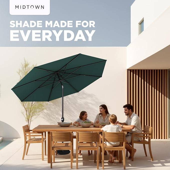 Midtown Umbrellas - 10-Year-No-Fade 6 Ft Patio Umbrella with Terylast Fabric, Auto-Tilt Aluminum Frame and 8 Reinforced Ribs for Deck, Pool, Garden & Beach - Forest Green Canopy, Black Pole