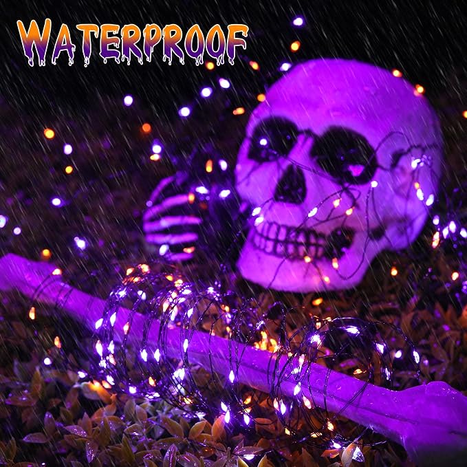 Joomer Orange Purple Halloween Solar String Lights,2 Pack Total 80FT 240LED | Solar Fairy Lights, Waterproof Outdoor Twinkle Lights with 8 Modes for Garden, Porch, Trees, Halloween Decor (Black Wire)