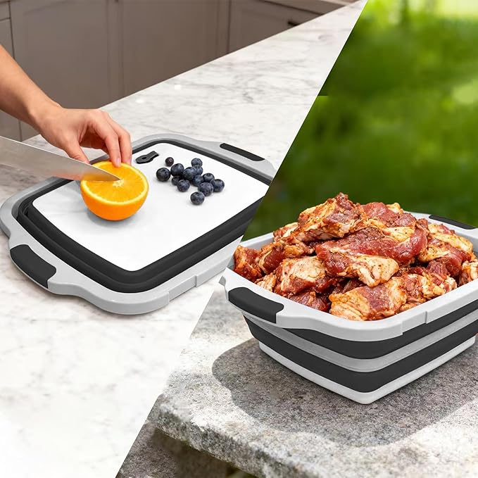 BBQ Prep Tub with Lid and Cutting Board - Collapsible Barbecue Tool Set for Marinating, Grilling, BBQ Prep Station for Outdoor Cooking, Camping Kitchen Accessories & Barbecue Utensils, X-Large Black