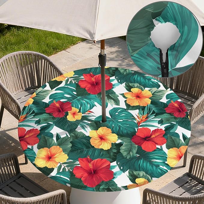 Outdoor Tablecloth with Umbrella Hole and Zipper Fits 37-44" Tables | Waterproof Round Fitted Tablecloth with Elastic Edge, Wipeable Outdoor Table Cover for Patio, Garden, Picnic