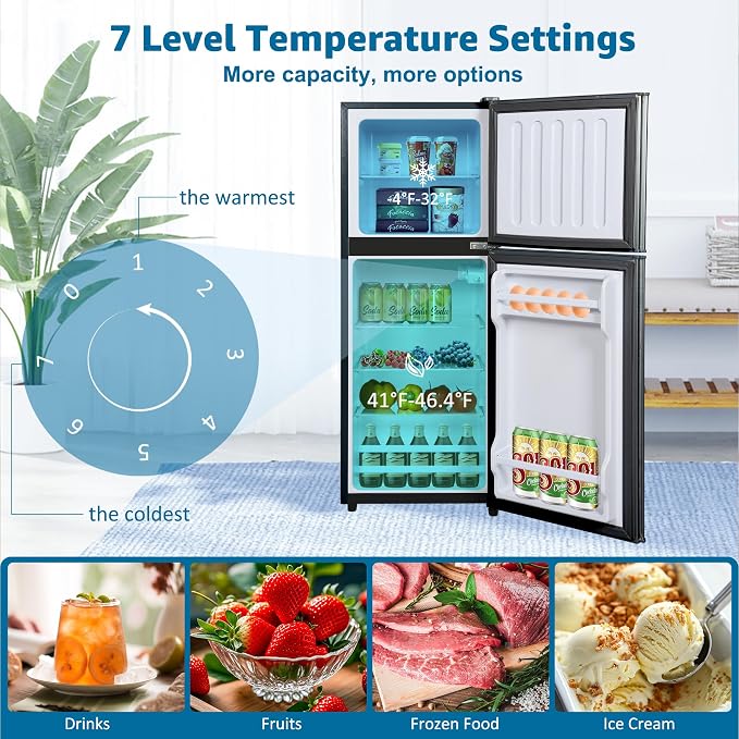 5.0 Cu. Ft Dorm Fridge with Freezer 7-Level Adjustable Thermostat | Small Refrigerator with Adjustable Glass Shelves, Compact Mini Fridge 37 dB Low Noise for Kitchen, Dorm, Office, Black