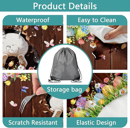 Easter Picnic Table Cover with Bench Covers Elastic Edges, Cute Bunny Flower Brown Wood Fitted Table Cover, Outdoor Patio Camping Essentials, Waterproof Camping Fitted Tablecloth, 3PCS, 30x72 Inch