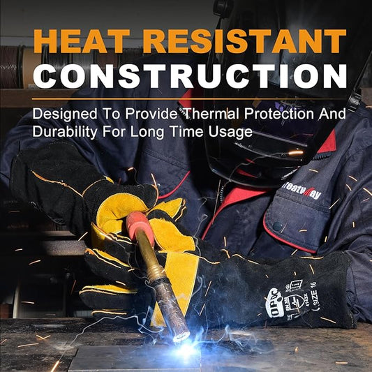 TOPDC Welding Gloves 16 Inches 932℉ Fire/Heat Resistant Leather Welding Gloves For Mig, Tig, Stick, Forge, BBQ, Grill, Fireplace, Wood Stove, Furnace, Oven, Animal Handling for Safe, Loving Pet Care