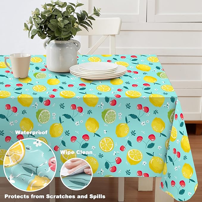 Wild Lemons and Cherries Vinyl Tablecloth – 52 x 70 Inch Rectangle Waterproof Table Cover with Flannel Backing, Wipeable Indoor/Outdoor Summer Fruit Print for Picnics, BBQs, and Holiday Dining