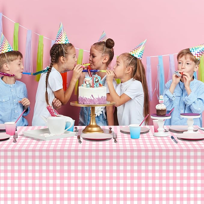 3Pcs Pink Gingham Tablecloths, Checkered Party Table Covers 54x108 In | Pink and White Checkered Tablecloths Disposable Waterproof for Baby & Bridal Shower Picnic Camping Girls Birthday Party