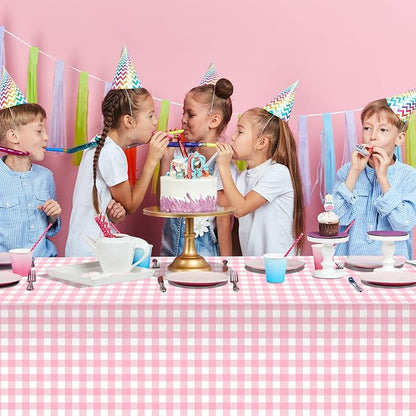 3Pcs Pink Gingham Tablecloths, Checkered Party Table Covers 54x108 In | Pink and White Checkered Tablecloths Disposable Waterproof for Baby & Bridal Shower Picnic Camping Girls Birthday Party