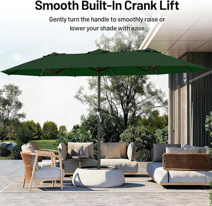 AreShark 15ft Patio Umbrella with Base, Double Sided Outdoor Umbrella with 12 Fiberglass Ribs, Large Outdoor Umbrella for Garden, Pool, Deck, Backyard & Market, Dark Green