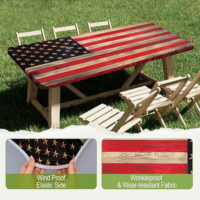 Irisbell Picnic Table Cover with Elastic Edge,6FT Wind Proof Wrinkleproof Fitted Tablecloth Cover Camping Beach Patio Rectangle Table Cloth for Indoor Outdoor (American Flag, 30'' x 72'')