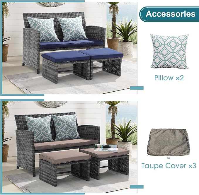 OC Orange-Casual Patio Furniture Set,3 Pieces Outdoor Wicker Conversation Loveseat with Ottomans for Porch, Gray Rattan Navy Blue Cushions