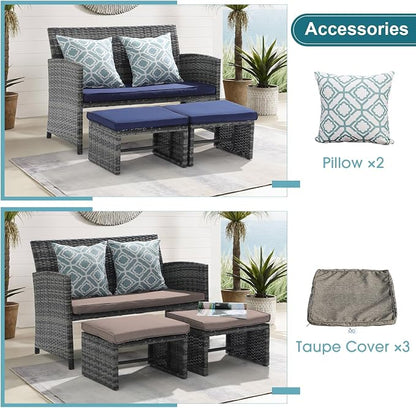 OC Orange-Casual Patio Furniture Set,3 Pieces Outdoor Wicker Conversation Loveseat with Ottomans for Porch, Gray Rattan Navy Blue Cushions