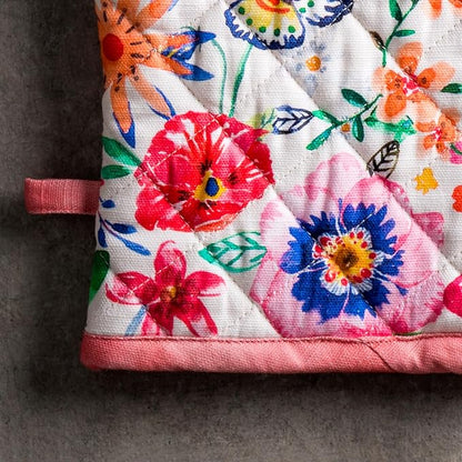 Maison d' Hermine 100% Cotton Oven Mitt & Pot Holder Set (7.5"x13" & 8"x8") Heat Resistant BBQ Cooking Gloves with Loop Baking Kitchen Hotel Home Farmhouse Spring Summer (Happy Florals - High Summer)