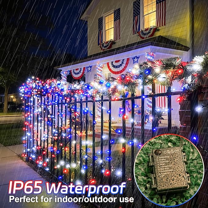 Red White and Blue Lights String for 4th of July Decorations Outdoor Total 100LED 33Ft Battery Operated with Timer 8 Modes Waterproof 50LED*2 for Memorial Day Decorations Patriotic Decor 2-Pack