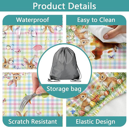Easter Picnic Table Cover with Bench Covers, Camping Essentials, Easter Buffalo Plaid Bunny Eggs Flowers Outdoor Table Covers, Waterproof, Fitted Tablecloth Cover with Elastic Edge, 3 PCS, 30x60 Inch