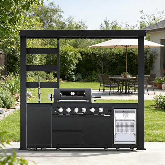 97" 4-Burner 72000 BTU Deluxe Outdoor Kitchen Island,304 Stainless Steel Modular LPG BBQ Grill Combination With Granite Countertops, Canopy, Refrigerator and Sink (97"-Black with Canopy, Propane Gas)
