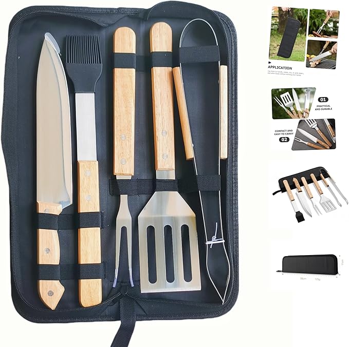 Multifunctional BBQ Grill Tool Set,5 PCS with Carry Bag,Wooden Handles,Griddle Accessories Set,Stainless Steel Grill Spatula Kit for Outdoor Camping Grilling,Party and Picnic,Gift for Men Husband