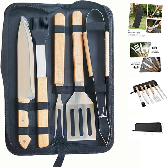 Multifunctional BBQ Grill Tool Set,5 PCS with Carry Bag,Wooden Handles,Griddle Accessories Set,Stainless Steel Grill Spatula Kit for Outdoor Camping Grilling,Party and Picnic,Gift for Men Husband