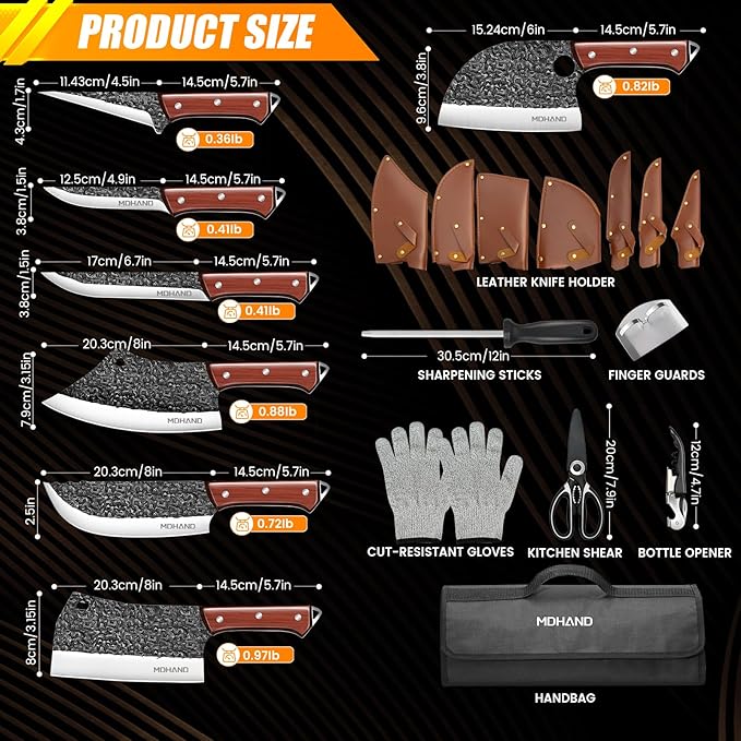 MDHAND Butcher Knife Set, 14PCS Hand Forged Professional Chef Knife Set with Roll Bag, Sharp Meat Cleaver Knife & Bone Chopper Knives & Fillet Knife for Home Kitchen & Camping BBQ, Gifts for Men Women