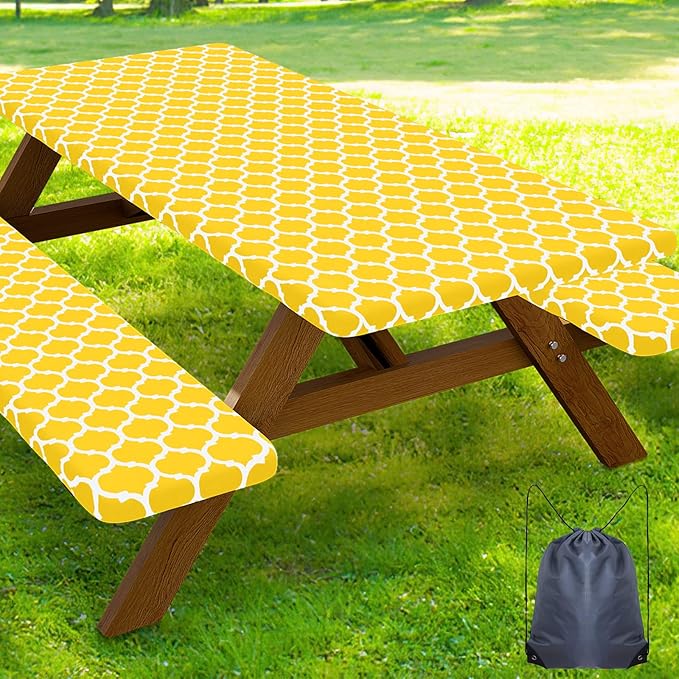 Smiry Picnic Table Cover with Bench Covers, Waterproof Elastic Fitted Tablecloth for 5 Foot Tables, Washable Polyester Tablecloths for Camping, Indoor & Outdoor (Yellow, 30x60 Inch 3-pc Set)