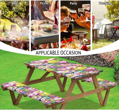 3 PCS Fitted Picnic Table Cover with Bench Cover Fitted Rectangle Tables and Seats Easter Egg Daisy Outdoor Picnic Table Cover for Camping