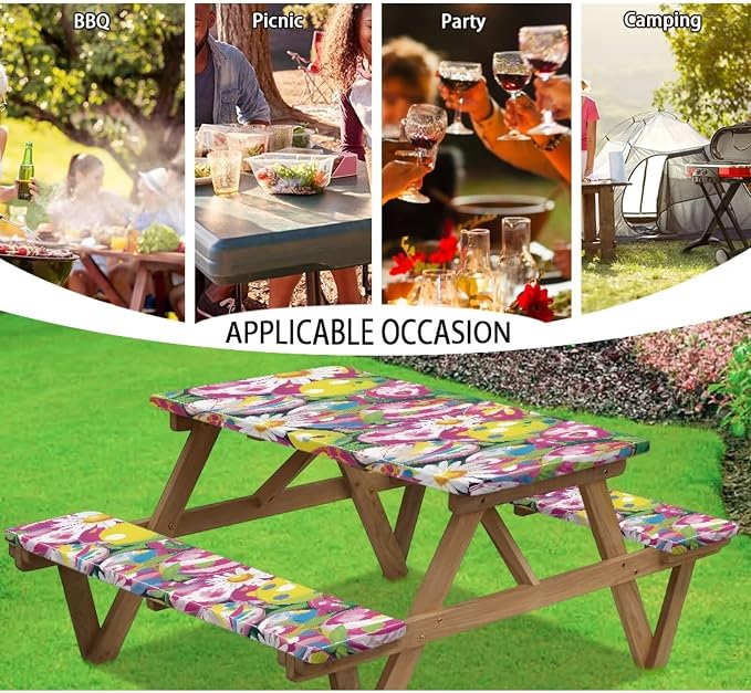 3 PCS Fitted Picnic Table Cover with Bench Cover Fitted Rectangle Tables and Seats Easter Egg Daisy Outdoor Picnic Table Cover for Camping