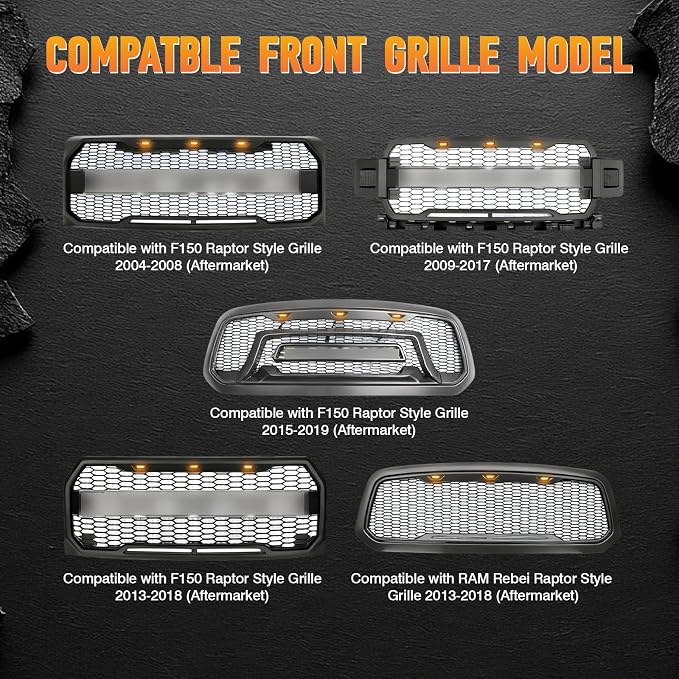 LED Grille Light Kit, Compatible with Ford F-150 Raptor Style Grille 2004-2019 (Aftermarket), LED Truck Bumper Hood Lights, 4PCS (Smoked Cover/Amber LED Lights)