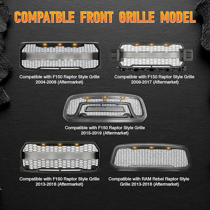LED Grille Light Kit, Compatible with Ford F-150 Raptor Style Grille 2004-2019 (Aftermarket), LED Truck Bumper Hood Lights, 4PCS (Smoked Cover/Amber LED Lights)