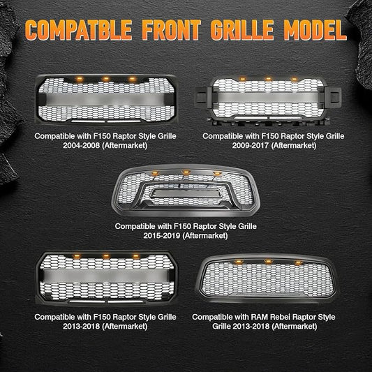 Red LED Grille Light Kit, LED Bumper Hood Lights, Compatible with Ford F-150 Raptor Style Grille 2004-2019 (Aftermarket), 3PCS (Smoked Cover/Red LED Lights)