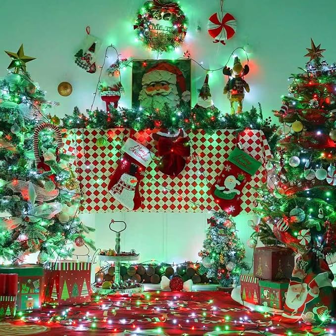 QITONG 165ft 500 LED Red White and Green String Lights, 8 Modes Twinkle String Lights Outdoor Waterproof, Green Wire Christmas Tree Lights Plug in Indoor