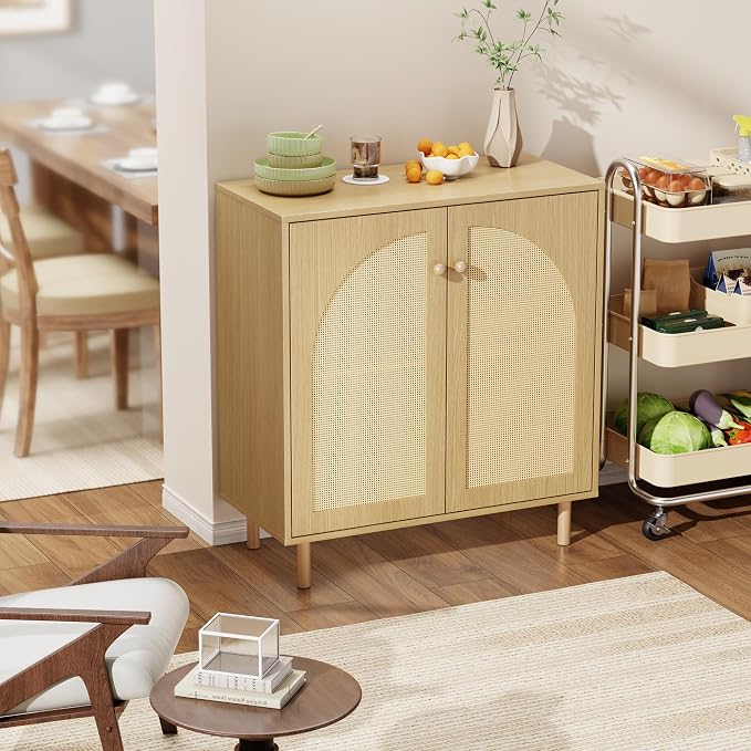 30 Inch Buffet Cabinet with Storage, Boho Sideboard with Rattan Decorated Doors & Adjustable Shelf, Accent Credenza Coffee Bar for Kitchen, Dining Room, Living Room, Entryway