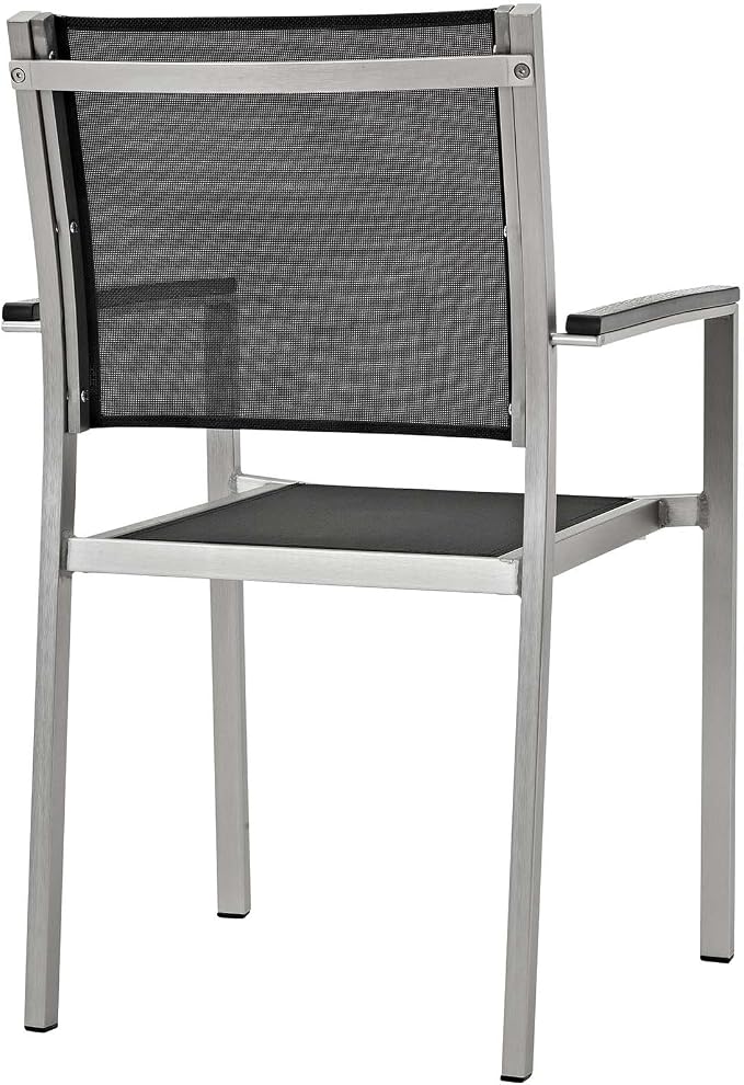 Modway Shore 7-Piece Aluminum Outdoor Patio Furniture Dining Set with Extendable 62 to 94 Inch Dining Table and Six Dining Arm Chairs in Silver Black
