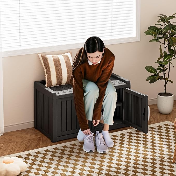 Bifanuo Shoe Storage Cabinet, 2-Door Outdoor Storage Bench with Adjustable Shelves, Waterproof UV-Resistant for Hallway, Living Room, Entryway, Large Capacity Modern Organizer (Black)