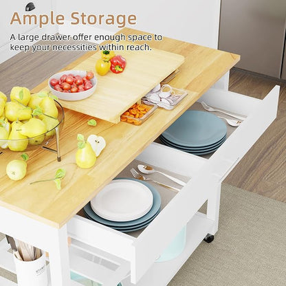 Shintenchi Kitchen Island Cart with Storage,Rolling Kitchen Island Side Table on Wheels with Large Worktop,Storage Cabinet,Towel Rack,Drawers and Open Shelves for Kitchen,Dinning Room,White