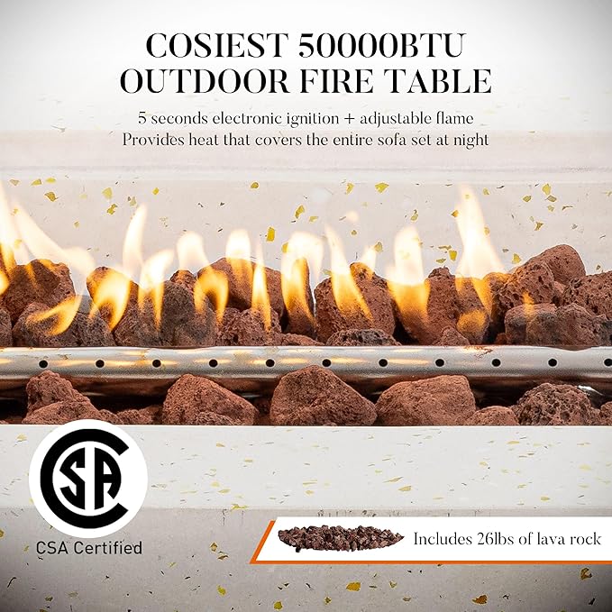 COSIEST 56" Outdoor Propane Fire Pit Table Rectangle Gas Fire Pit Table with Concrete & Wood Grain Design, 50000BTU Electronic Ignition Fire Tables for Patio, Backyard, Garden Heating