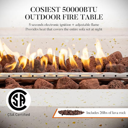 COSIEST 56" Outdoor Propane Fire Pit Table Rectangle Gas Fire Pit Table with Concrete & Wood Grain Design, 50000BTU Electronic Ignition Fire Tables for Patio, Backyard, Garden Heating
